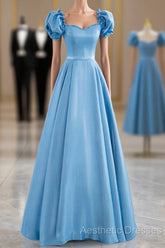 Blue Satin Beaded Floor Length Evening Prom Dresses, Blue A-Line Short Sleeve Evening Dresses